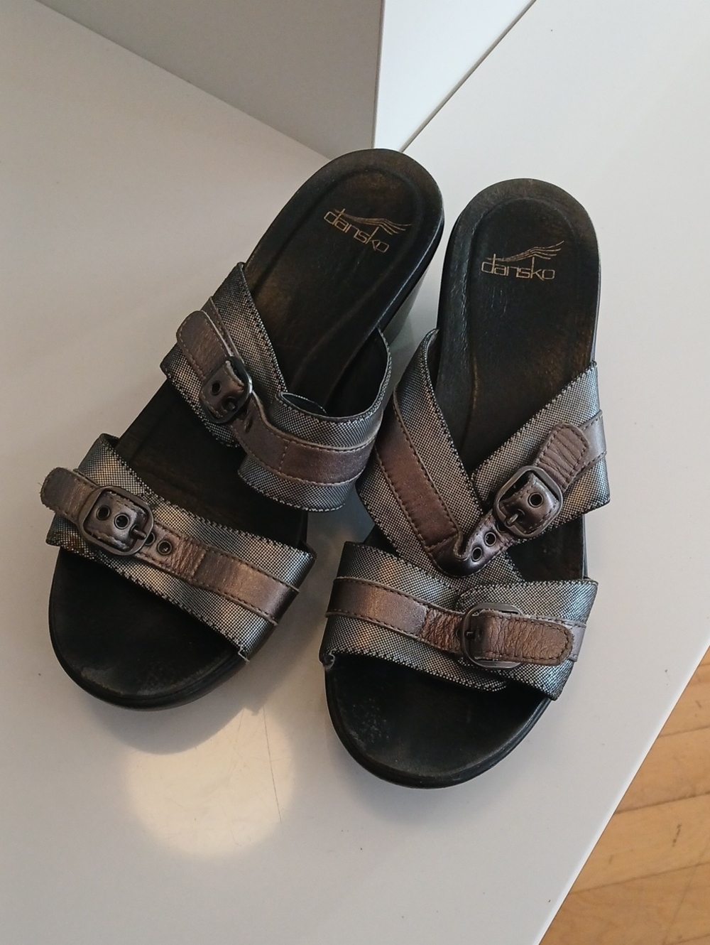 Dansko Metallic Charcoal Double-Strap Sandals